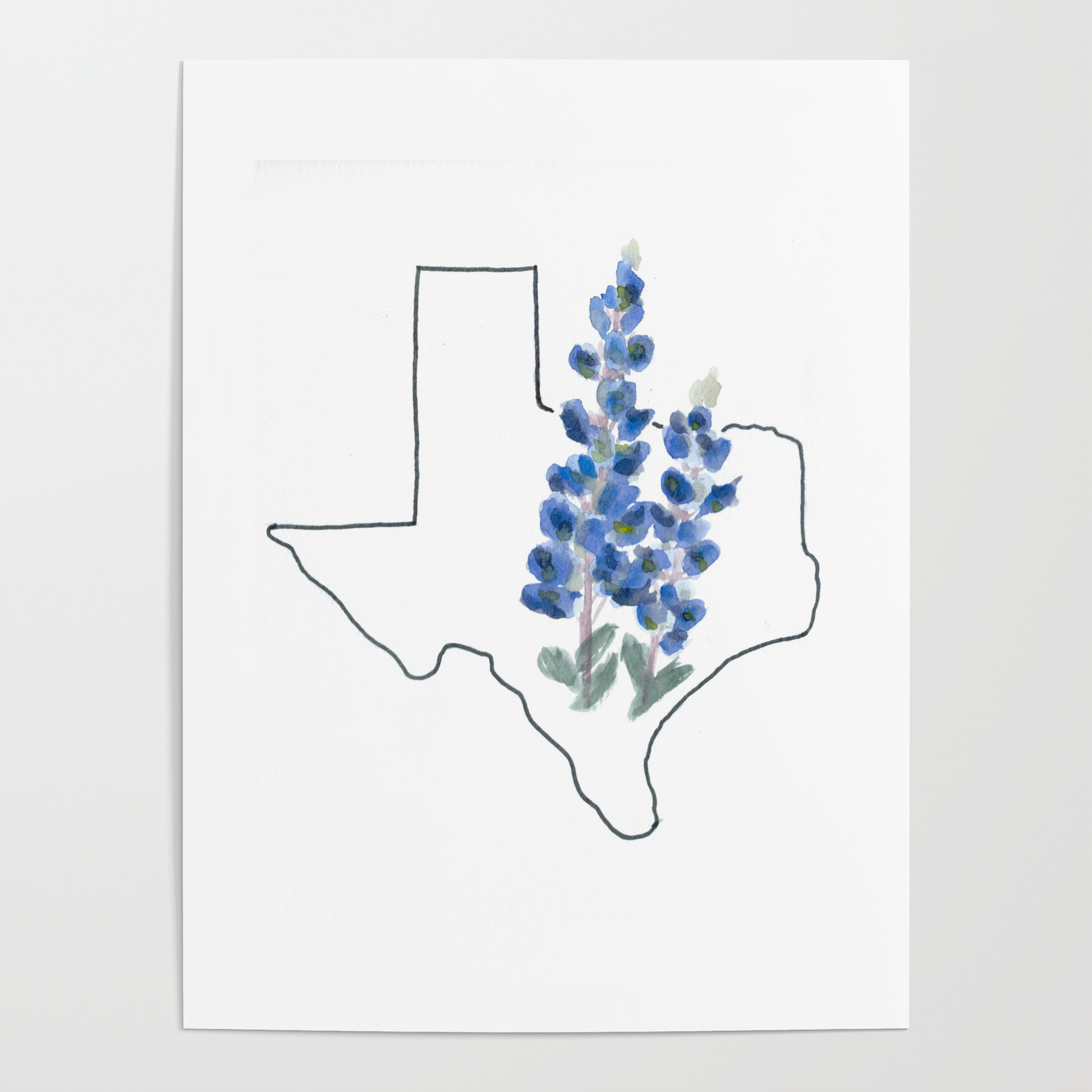 Texas // Watercolor Bluebonnet State Flower Map Poster By  Ashleychasecreates | Society6