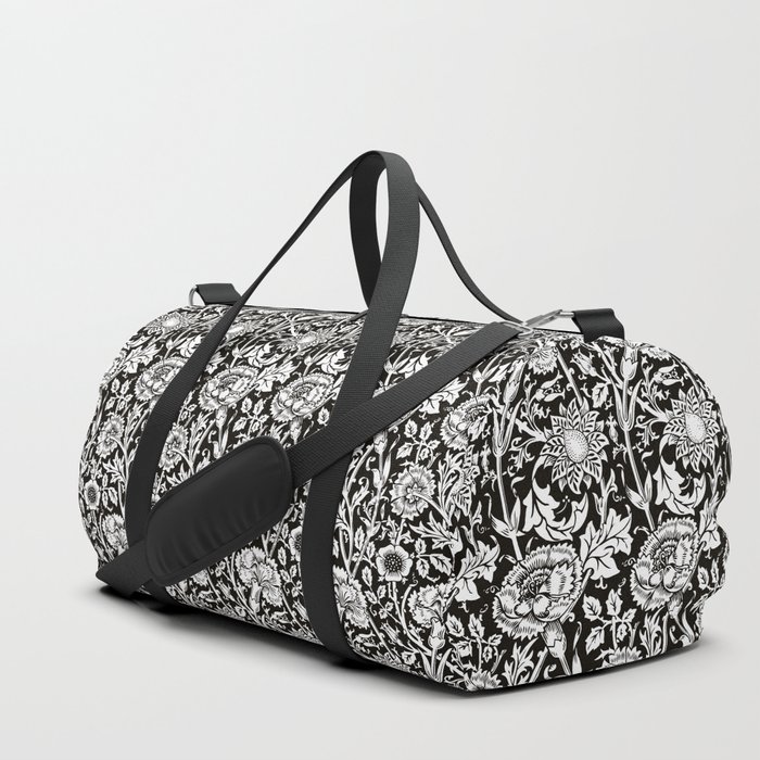 William Morris Floral Pattern | “Pink and Rose” in Black and White | Vintage Flower Patterns | Duffle Bag