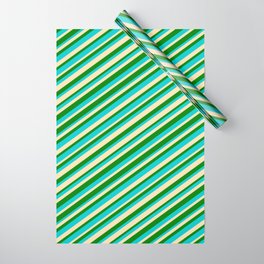 [ Thumbnail: Dark Turquoise, Beige, and Green Colored Striped/Lined Pattern Wrapping Paper ]