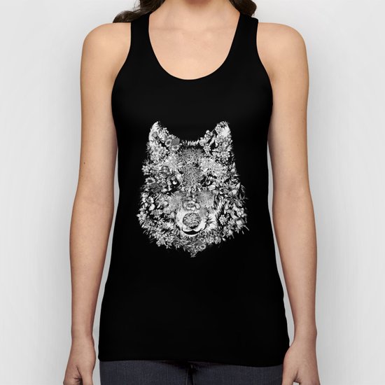 floral animals -black and white wolf Unisex Tank Top