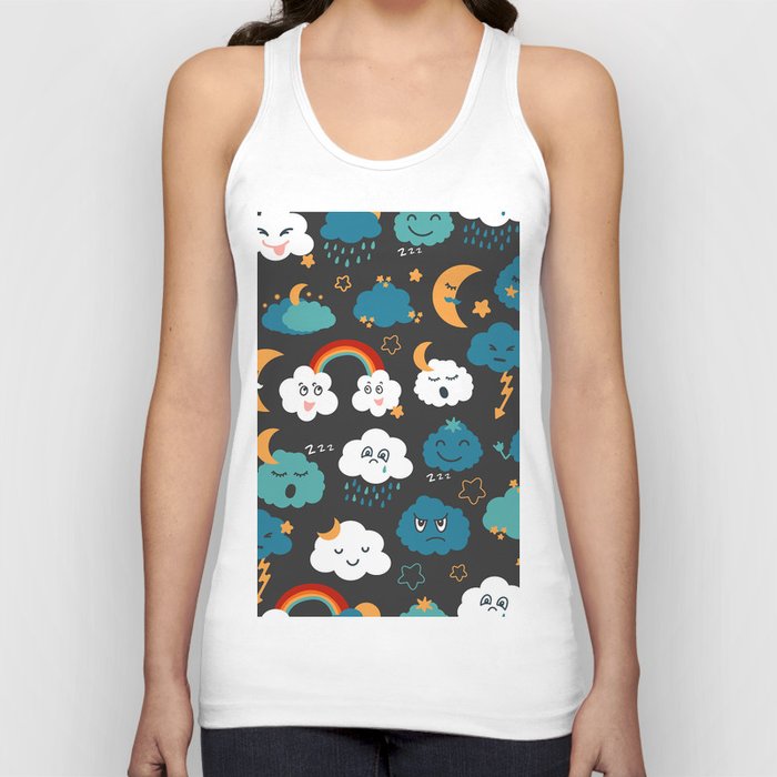 Seamless pattern in cartoon style with characters - clouds, sun, moon, rain, stars, rainbow. Hand drawn illustration on weather forecast theme. Funny emotions, feelings. Dark background. Kids design.  Tank Top