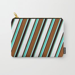 [ Thumbnail: Brown, Turquoise, White, and Black Colored Lines/Stripes Pattern Carry-All Pouch ]