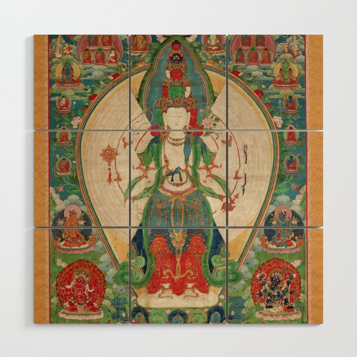 Eleven-Headed, Thousand-Armed, Thousand-Eyed Avalokitesvara Buddhist Thangka Art Wood Wall Art