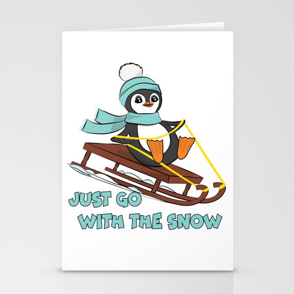 Go With The Snow Sledding Penguin Cute Animals Winter Stationery Cards