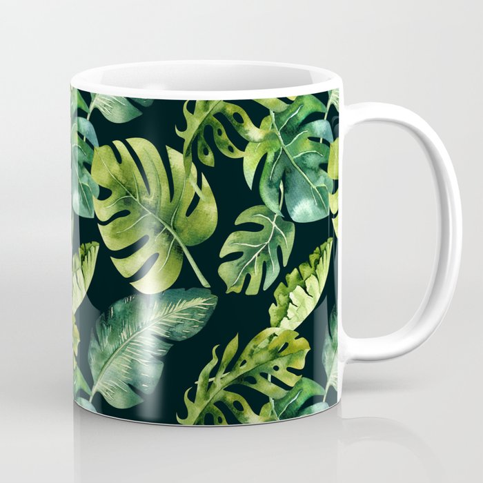 Watercolor Botanical Green Monstera Lush Tropical Palm Leaves Pattern on Solid Black Coffee Mug