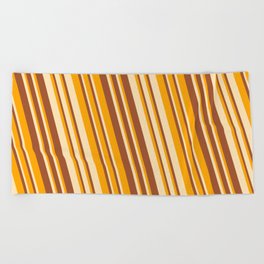 [ Thumbnail: Orange, Beige & Sienna Colored Striped/Lined Pattern Beach Towel ]