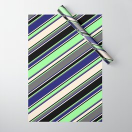 [ Thumbnail: Vibrant Green, Dim Grey, Midnight Blue, Beige & Black Colored Striped Pattern Wrapping Paper ]