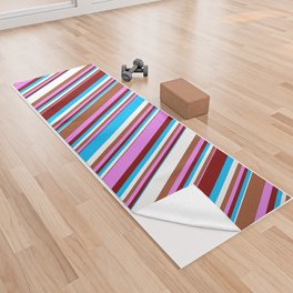 [ Thumbnail: Colorful Deep Sky Blue, Maroon, Violet, Sienna & White Colored Striped/Lined Pattern Yoga Towel ]