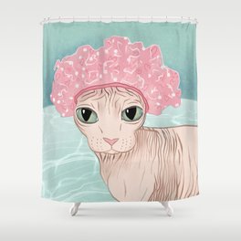 No Hair Don't Care - Sphynx Cat Wearing a Shower Cap in a Bathtub - Wrinkly Hairless Kitty Shower Curtain