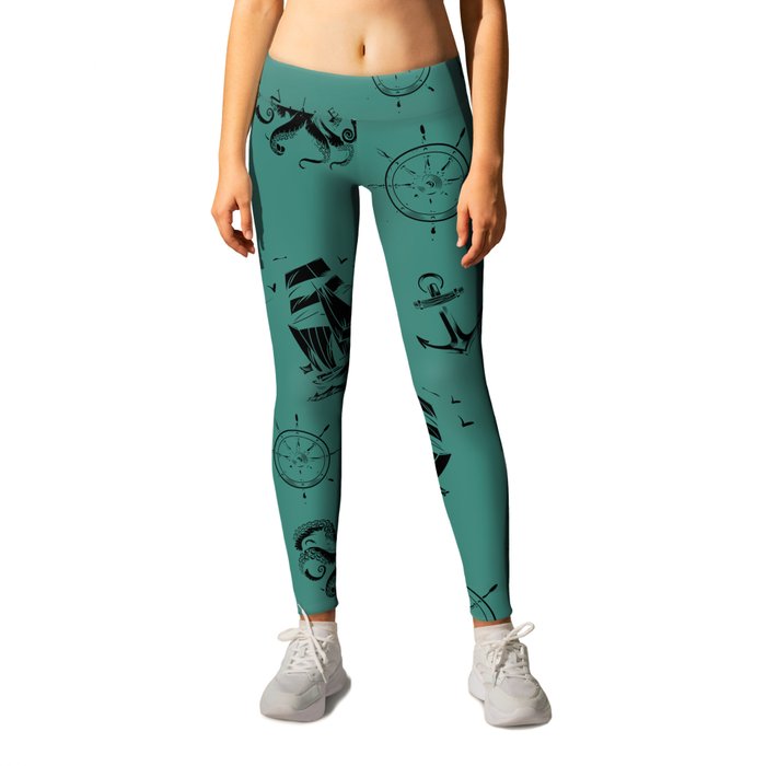 Green Blue And Black Silhouettes Of Vintage Nautical Pattern Leggings
