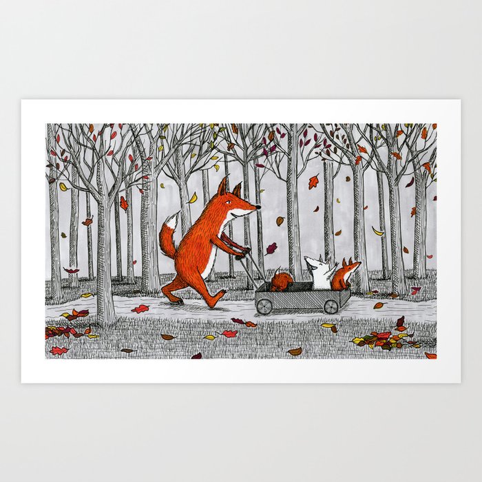 Fox Family Enjoying the Fall Leaves Art Print