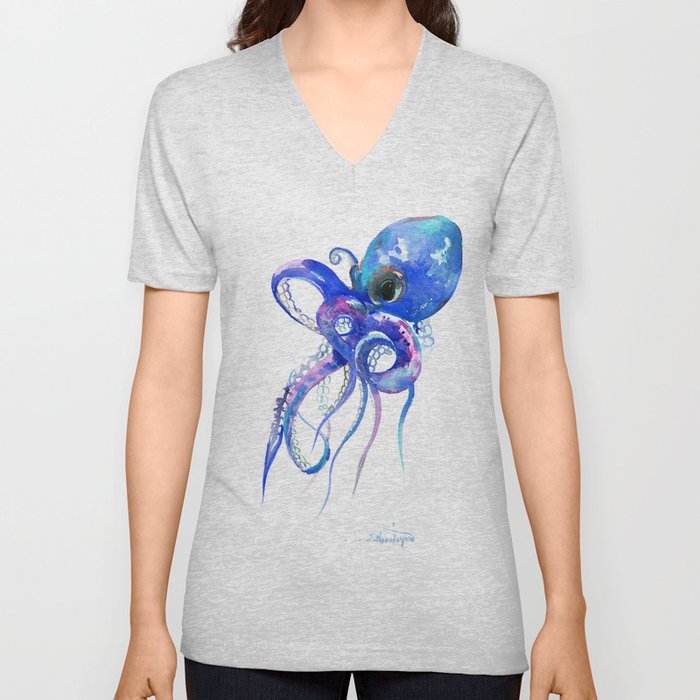 Octopus, blue purple marine colors beach house octopus artwork V Neck T Shirt