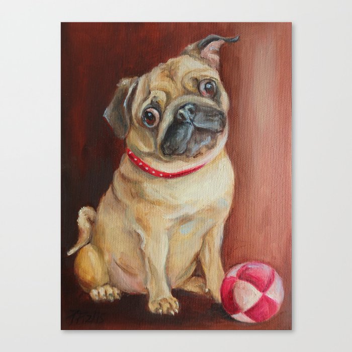 Pug Dog Portrait Cute Pet With Ball Oil Painting On Canvas Canvas