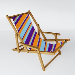 [ Thumbnail: Dark Orange, Sky Blue & Indigo Colored Lined Pattern Sling Chair ]