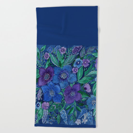 Watercolor . Blue flowers . Beach Towel