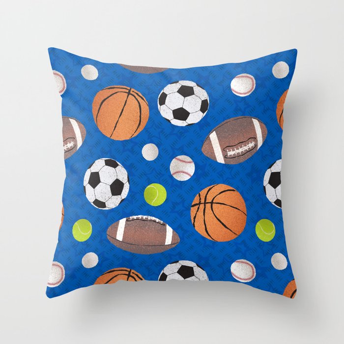 Sports Balls Pattern Blue Throw Pillow by WickedRefined Studio