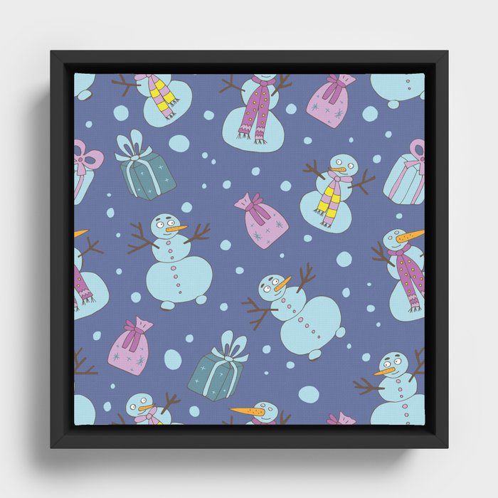 Snowman with a gift Framed Canvas