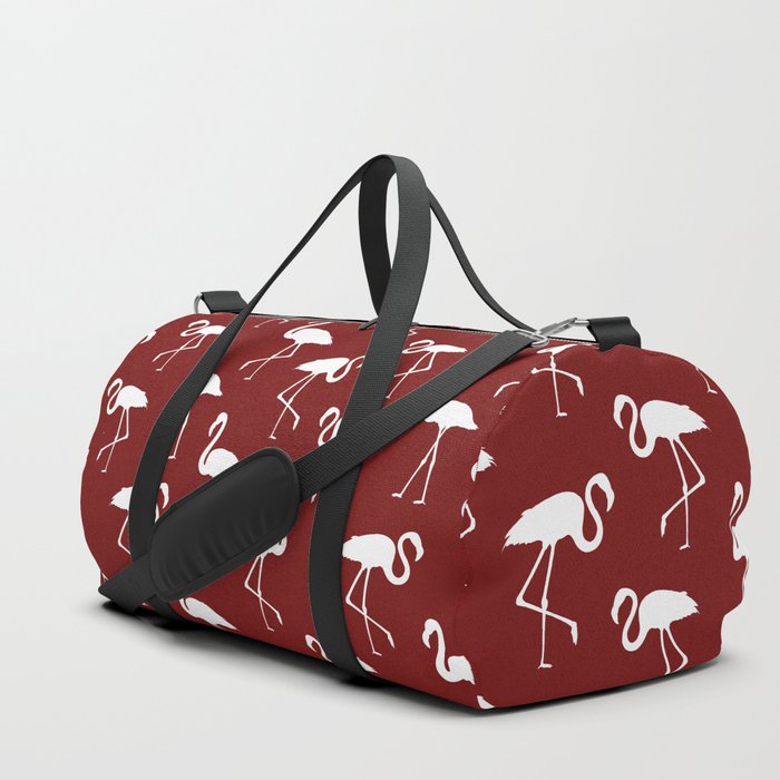 White flamingo silhouettes seamless pattern on burgundy background Duffle Bag