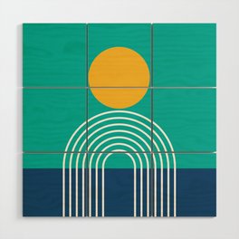 Geometric Lines in Blue Teal Yellow (Sun and Rainbow abstraction) Wood Wall Art