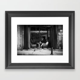 Morning coffee in a cafe - Black and white street photography Framed Art Print