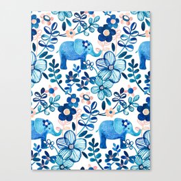 Blush Pink, White and Blue Elephant and Floral Watercolor Pattern Canvas Print