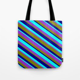 [ Thumbnail: Aqua, Dark Orchid, Green, and Dark Blue Colored Stripes/Lines Pattern Tote Bag ]