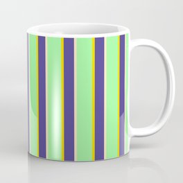 [ Thumbnail: Green, Yellow, Dark Slate Blue & Beige Colored Stripes/Lines Pattern Coffee Mug ]