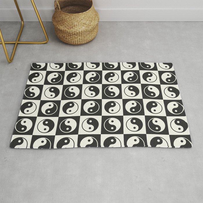 Checkered Yin Yang Pattern (Creamy Milk & Dark Charcoal Color Palette) Rug