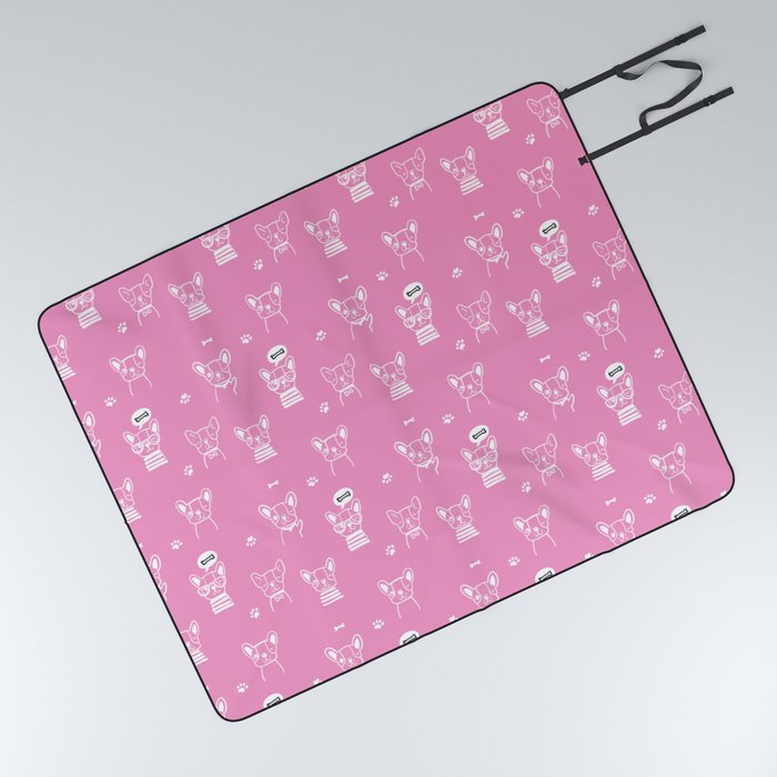 Pink and White Hand Drawn Dog Puppy Pattern Picnic Blanket