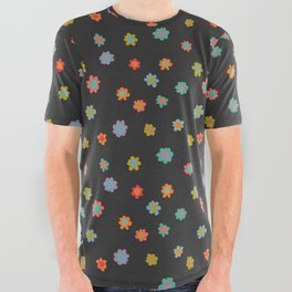 Small Flowers Doodles Pattern (Dark BG) All Over Graphic Tee