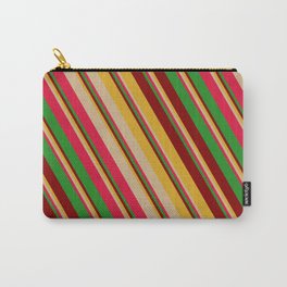 [ Thumbnail: Colorful Goldenrod, Tan, Crimson, Forest Green & Maroon Colored Striped/Lined Pattern Carry-All Pouch ]