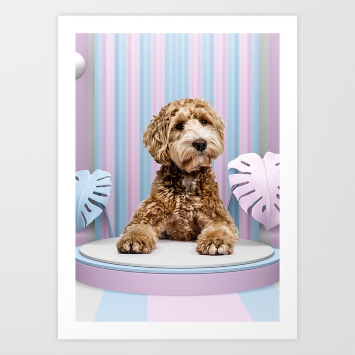 Goldendoodle & Pink and Cyan Monstera Art Print
