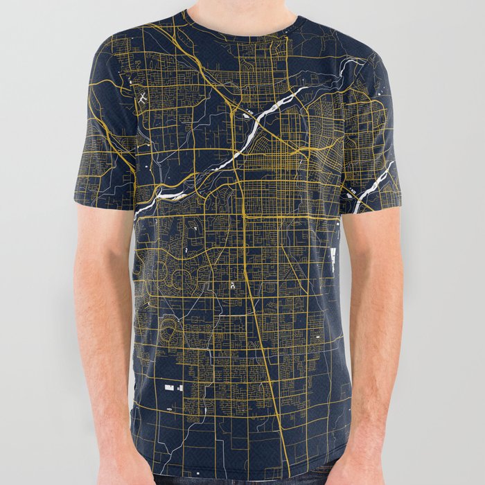 Bakersfield City Map of California, USA - Gold Art Deco All Over Graphic Tee