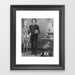 Edgar Allan Poe with Skull and Skeleton macabre black and white photograph Framed Art Print