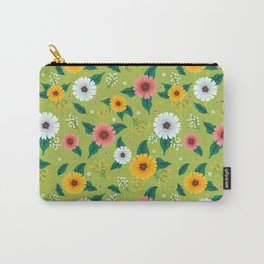 Colorful Spring Flowers Pattern in Light Green Background Carry-All Pouch