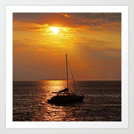 Sailboat In Gold-Tangerine Tropical Ocean Sunset Art Print