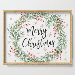 Merry Christmas wreath with red berries Serving Tray
