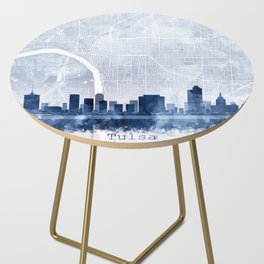 Tulsa Skyline & Map Watercolor Navy Blue, Print by Zouzounio Art Side Table