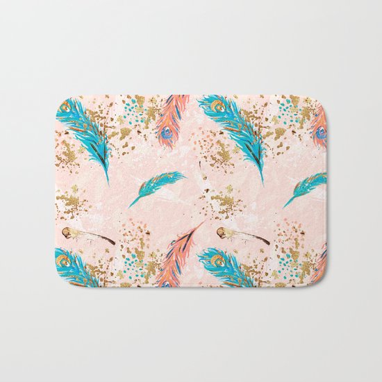 Feather peacock peach mint #5 Bath Mat