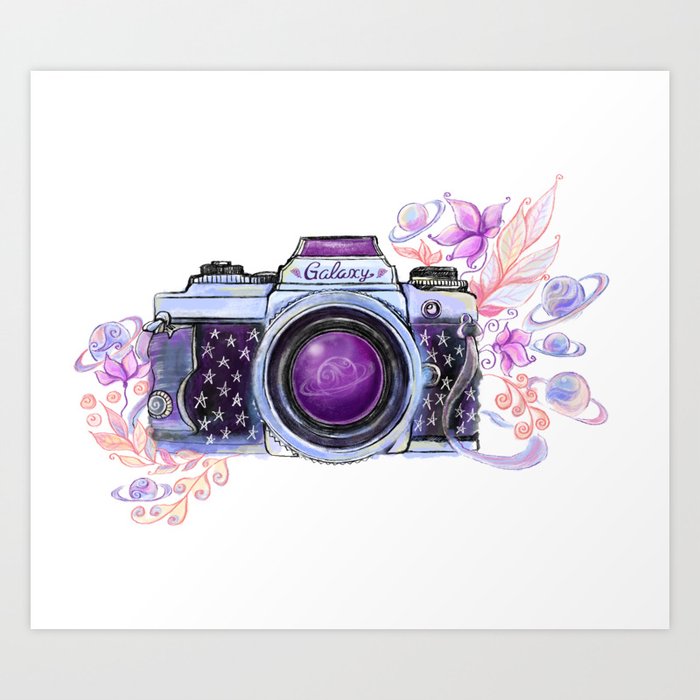 Galaxy camera with flowers and planets Art Print