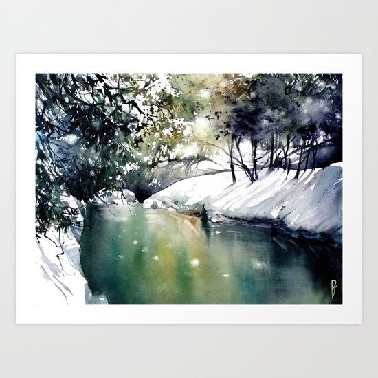 Running water down below in the dark, frozen forest Art Print