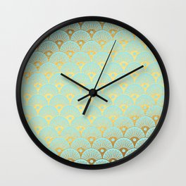 Art Deco Mermaid Scales Pattern on aqua turquoise with Gold foil effect Wall Clock