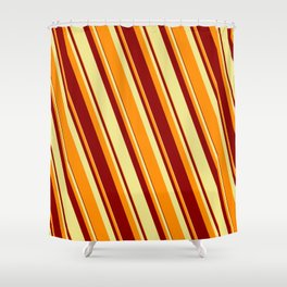 [ Thumbnail: Tan, Dark Orange, and Dark Red Colored Lined Pattern Shower Curtain ]