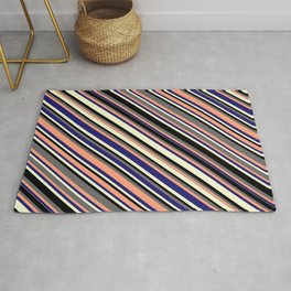 [ Thumbnail: Colorful Dim Grey, Light Salmon, Midnight Blue, Light Yellow & Black Colored Lines Pattern Rug ]