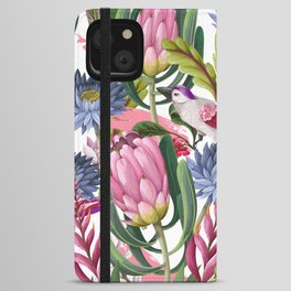 Seamless pattern with protea, tropical flowers and birds. Trendy floral vintage design iPhone Wallet Case