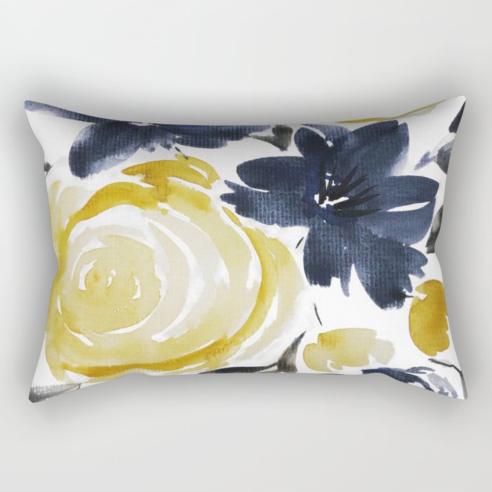 Navy and Yellow Loose Watercolor Floral Bouquet Rectangular Pillow