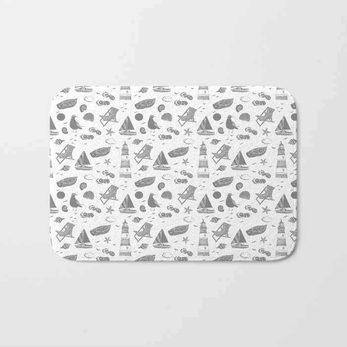 Grey Summer Beach Elements Pattern Bath Mat