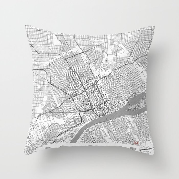 Detroit Map Line Throw Pillow