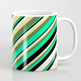 [ Thumbnail: Eyecatching Tan, Dark Olive Green, Green, Black, and White Colored Lines/Stripes Pattern Coffee Mug ]