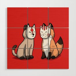 Cat and fox wearing japanese mask Wood Wall Art